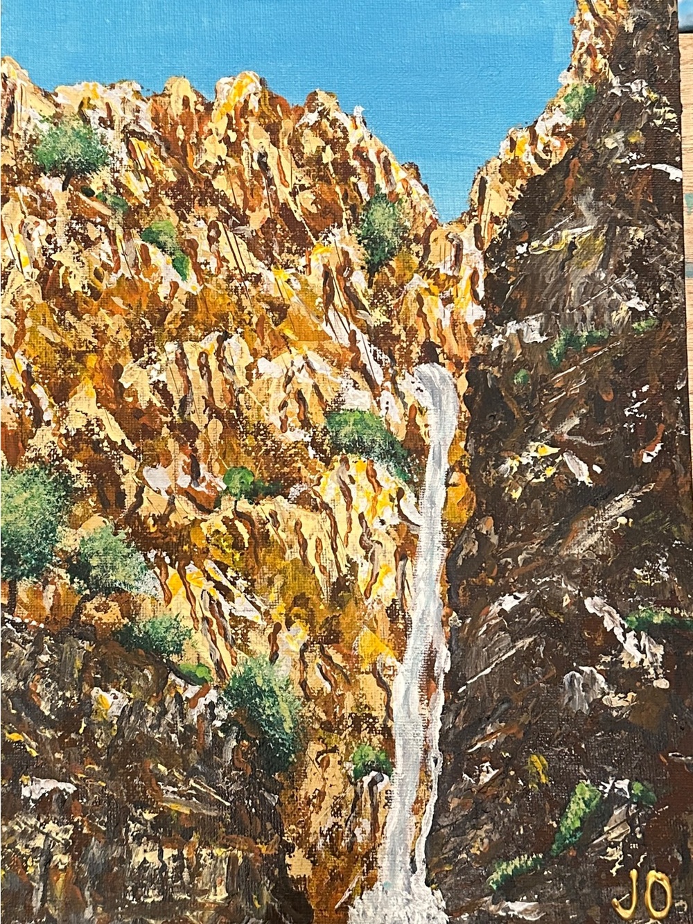 Original Hand-Painted Waterfall Canvas in Brown, Blue and Green